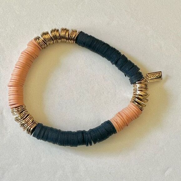 Canvas blue gold  tone and peach stretchy clay  disc bracelet - Picture 2 of 9